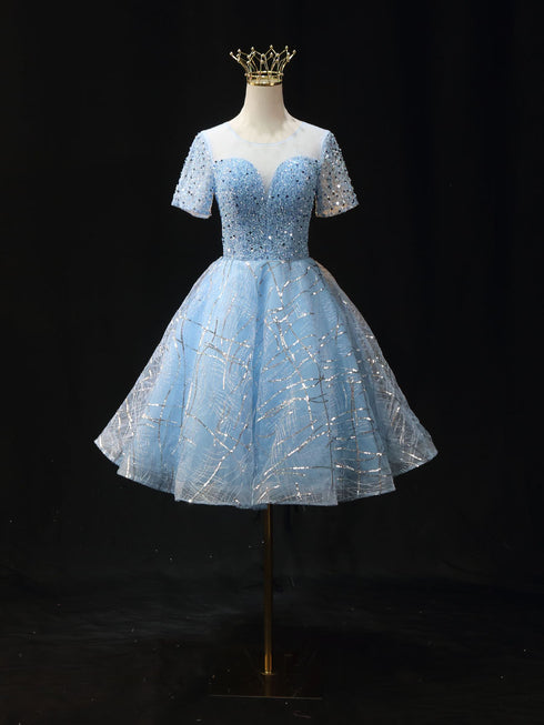 Light Blue Short Tulle Wedding Dress - Pretty Sequin Dress - Embellished Dress with Sleeves Plus Size